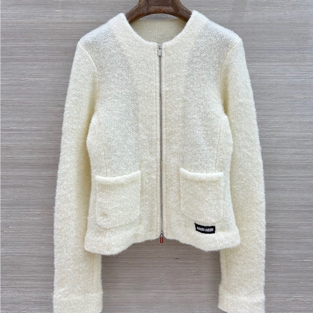 Miu Miu Cream Teddy Zip-Front Jacket with Patch Pockets